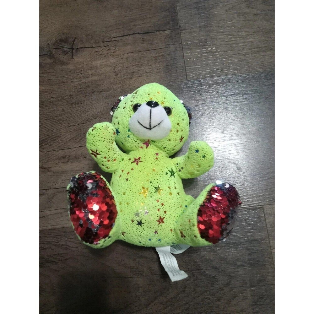 Neon Green Bear Plush Toy Feet Change Red To Silver Shinny Stars 9"